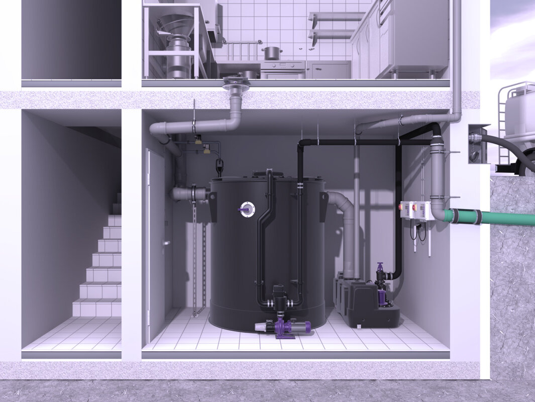 Installation diagram of EasyClean round free Auto Mix & Pump grease separator