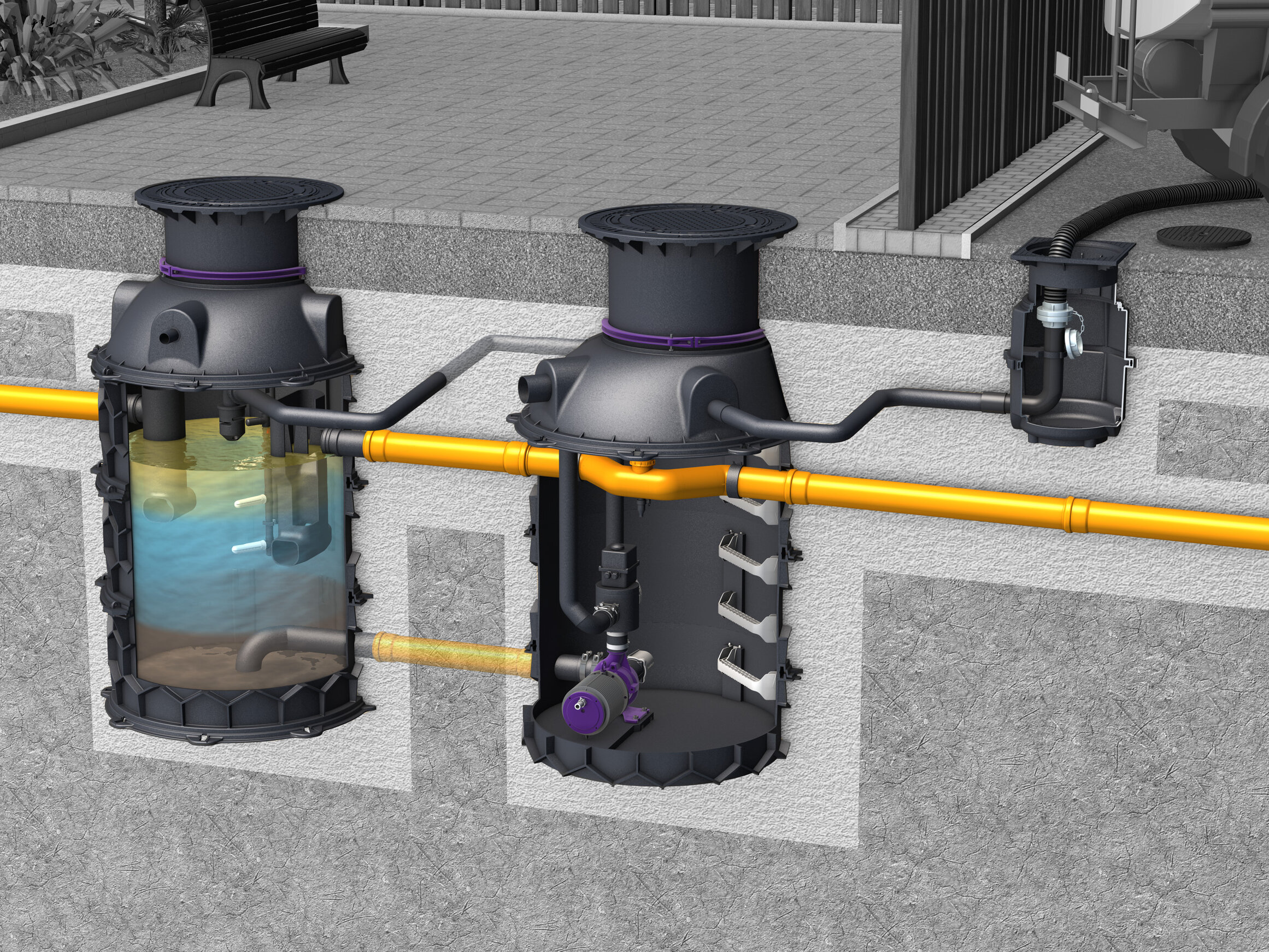 Schema di installazione del separatore di grassi EasyClean ground Auto Mix & Pump